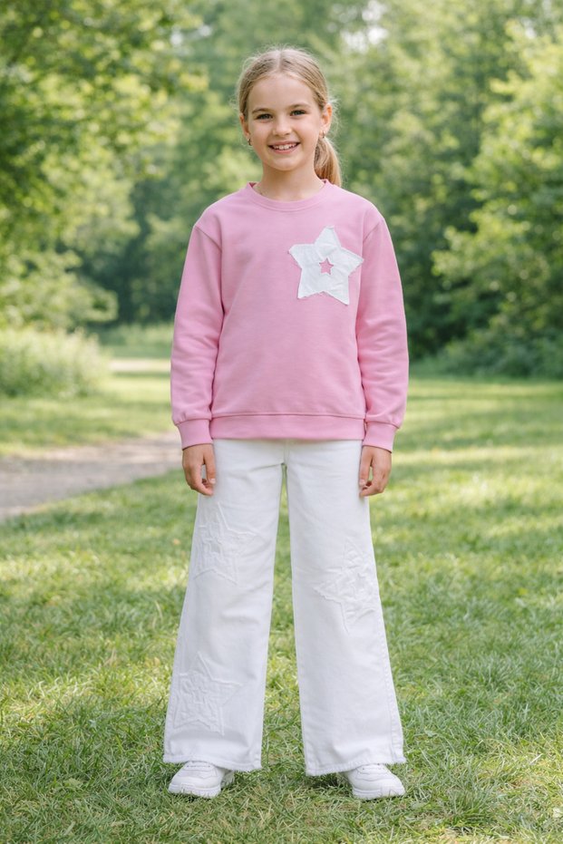 Cmk 45603-26 Girls' Set Star Patch Detailed Sweatshirt and Wide Leg Pants Casual Combination