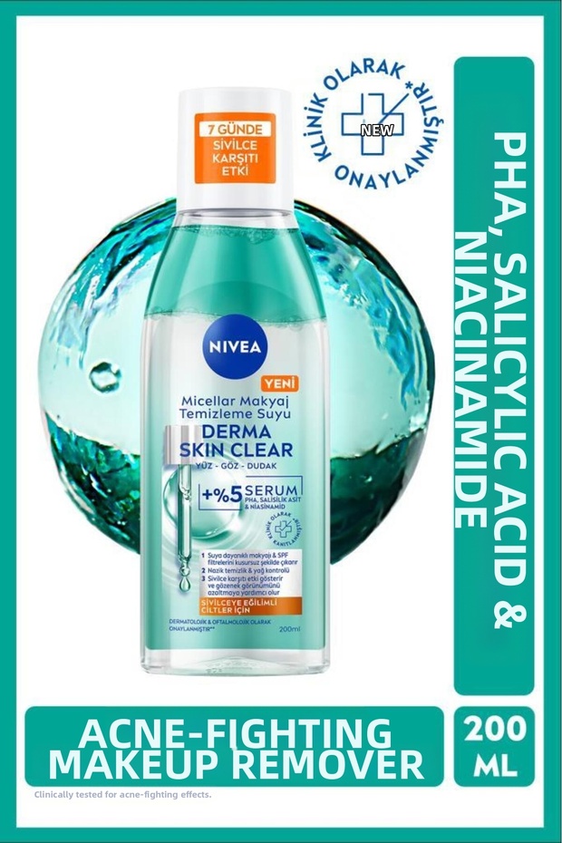 Micellar Makeup Cleansing Water Derma Skin Clear 200 Ml, Anti-Acne, Niacinamide, Salicylic Acid, Pha