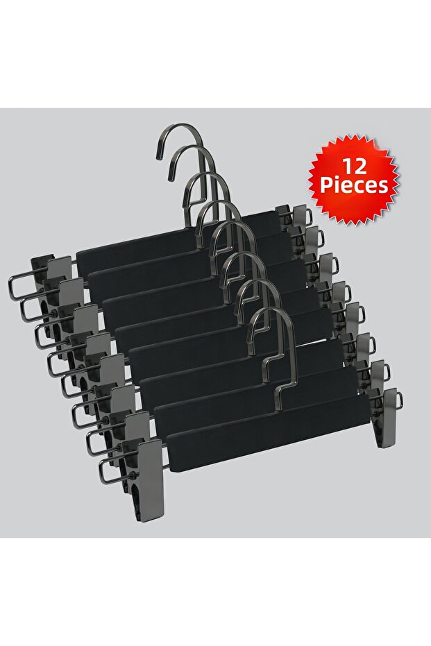 Wooden (Black Nickel Hook) Clothes Hangers for Pants, Skirts, Black Color, 12 Pieces