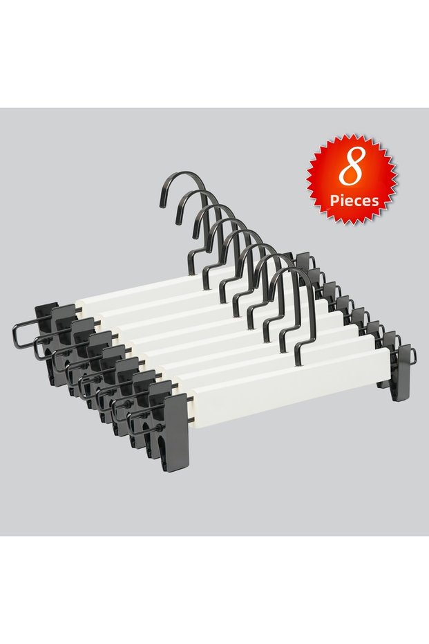 Wooden (Black Nickel Hook) Clothes Hangers for Pants and Skirts, White Color, 8 Pieces