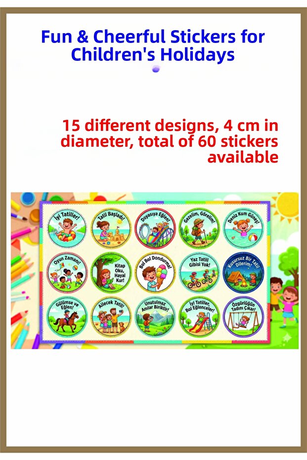 Cheerful Stickers for Nursery and Kindergarten, Related to the School Holiday Period, 4 cm Diameter, 15 Different Designs, 60 Pcs.