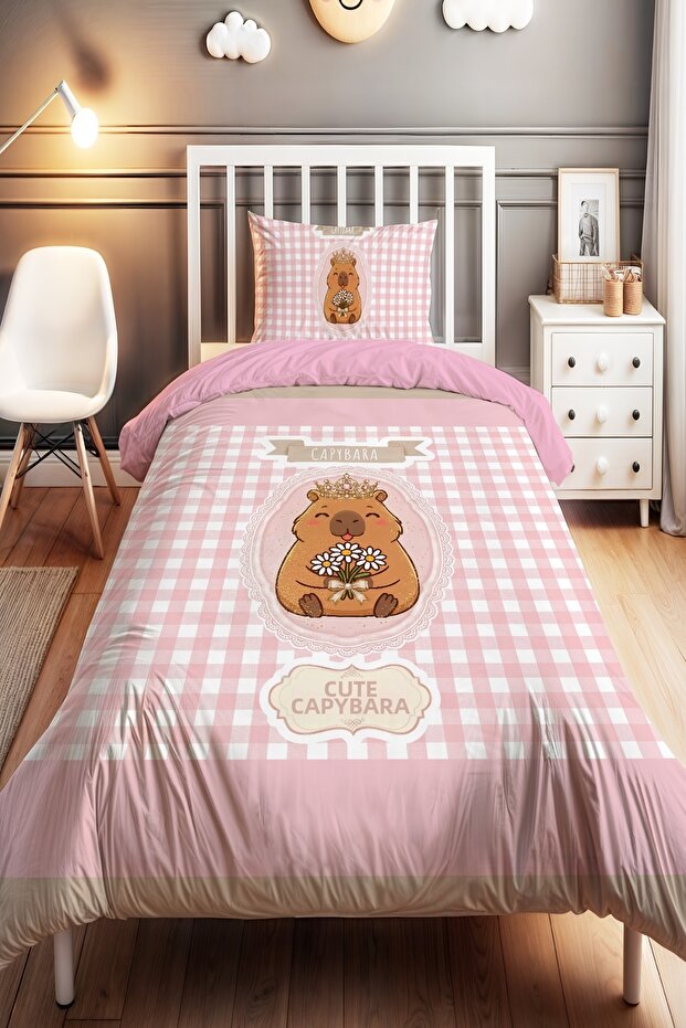 Daisy Capybara Patterned Single Baby Kids Duvet Cover Set
