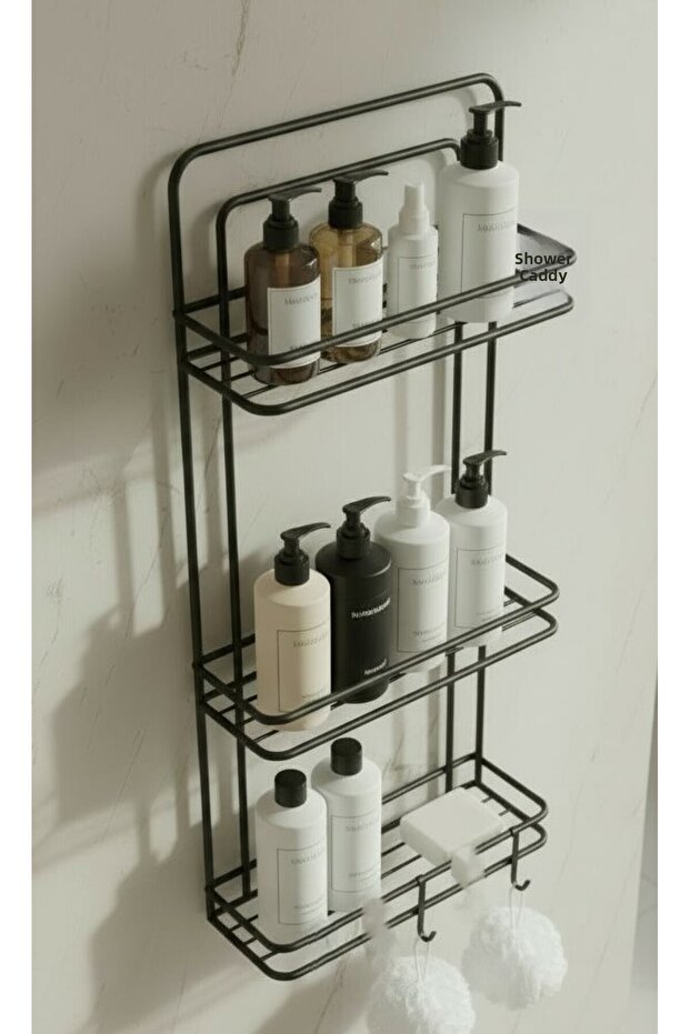 Lifetime Stainless Adhesive Flat Bathroom Organizer Shampoo Shelf Shower Rack Black 2 Pieces with Loofah Hooks