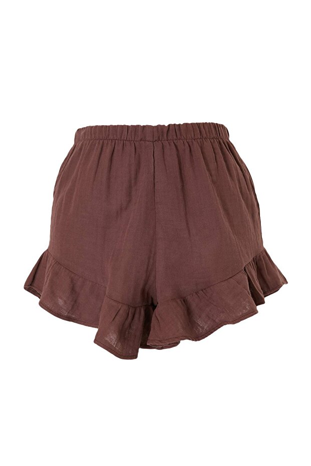 Kahverengi Dokuma Mini Fırfır Detaylı 100% Pamuk Plaj Şort TBESS26SR00012 - 3