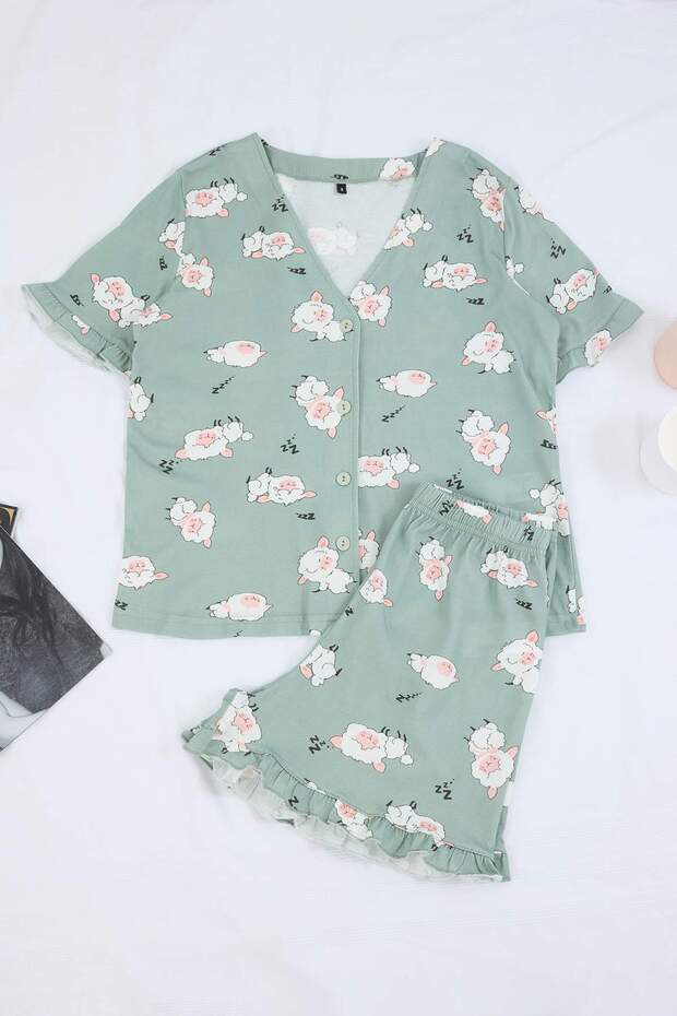 Teen Mint %100 Pamuklu Uyku Temalı Kuzu Desenli Fırfırlı Örme Pijama Takımı THMSS26PT00151 - 5