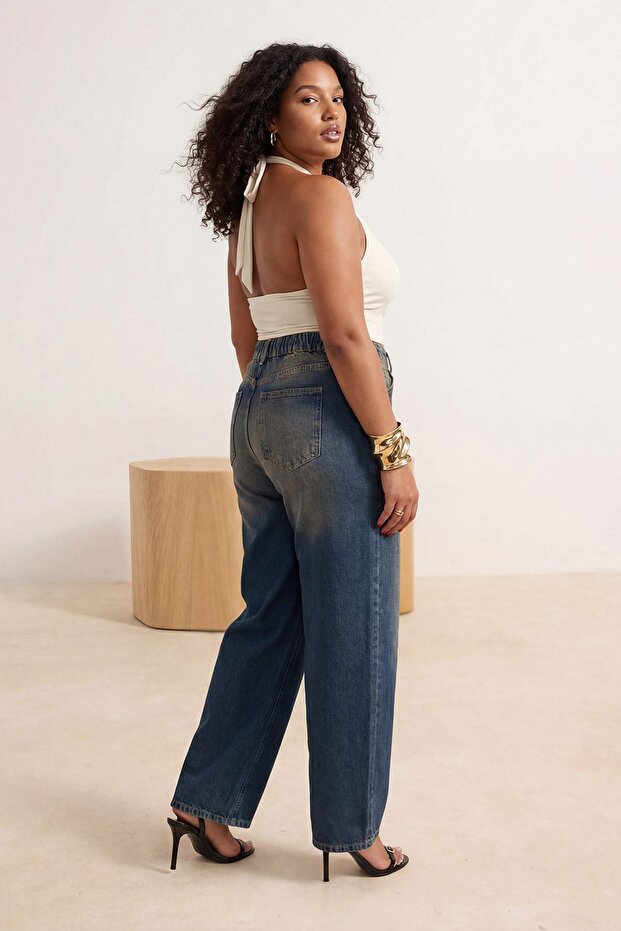 More Sustainable Koyu Mavi Lastikli Bel %100 Pamuk Non-Stretch Loose Baggy Jeans TBBSS26CJ00023 - 1