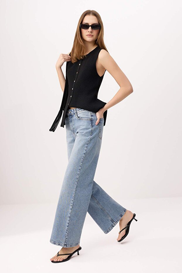 Açık Mavi Normal Bel Az Esnek Wide Leg Uzun Boy Jeans TWOSS26JE00151 - 3