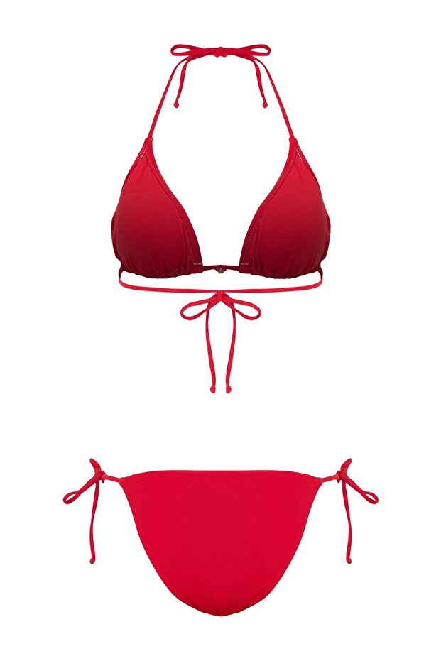 Kırmızı Aksesuarlı Üçgen Kaplı Brazilian Düşük Bel Bikini Takımı TBESS25BT00055 - 4