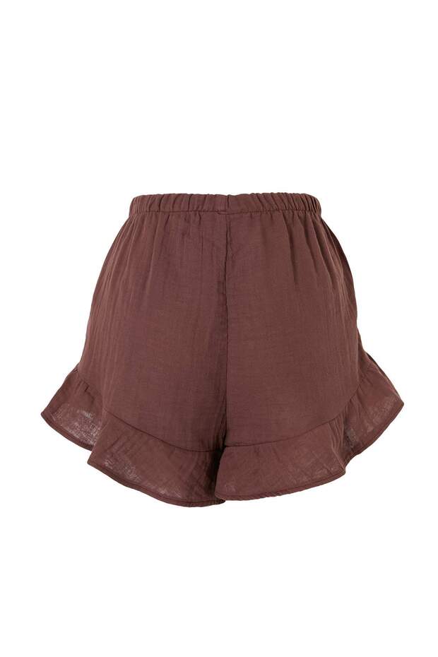 Kahverengi Dokuma Mini Fırfır Detaylı 100% Pamuk Plaj Şort TBESS26SR00012 - 4