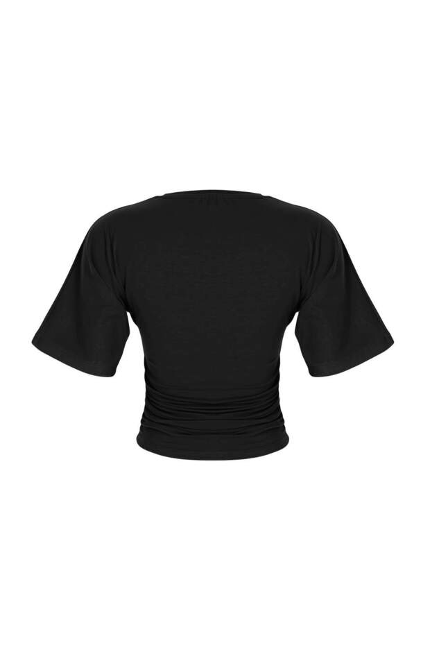 Siyah Düz Fitted Bisiklet Yaka Standart Kol Kısa Büzgülü Pamuklu Esnek Örme T-Shirt TWOSS26TS00052 - 6