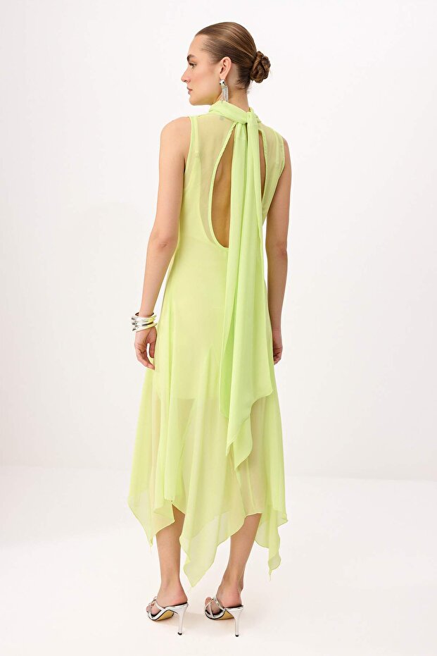 Lime Şifon Astarlı Dokuma Asimetrik Midi Elbise TPRSS26EL00124 - 4