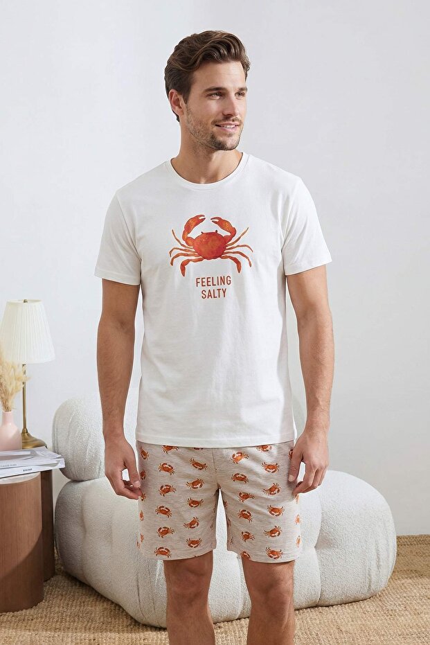 Ekru Regular Fit Yengeç Baskılı Pamuklu Pijama Takımı TMNSS26PT00020 - 1
