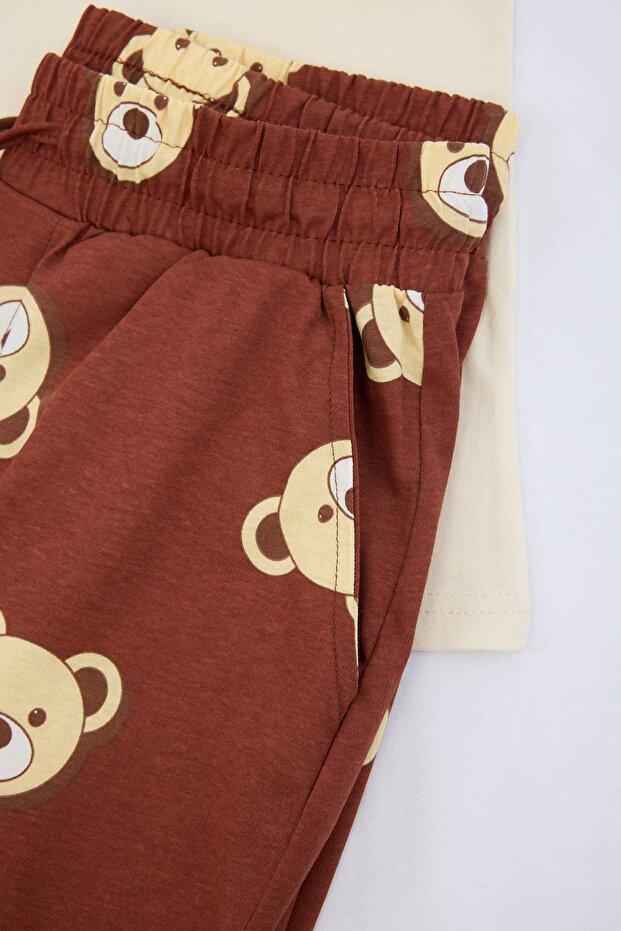 Kahverengi Couple/Çift Regular Ayıcık Desenli %100 Pamuk Şortlu Erkek Pijama Takımı TMNSS24PT00049 - 2