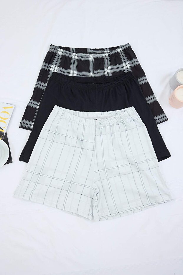 Çok Renkli Ekoseli 3lü Paket Pamuklu Büyük Beden Pijama Altı TBBSS26IA00004 - 8