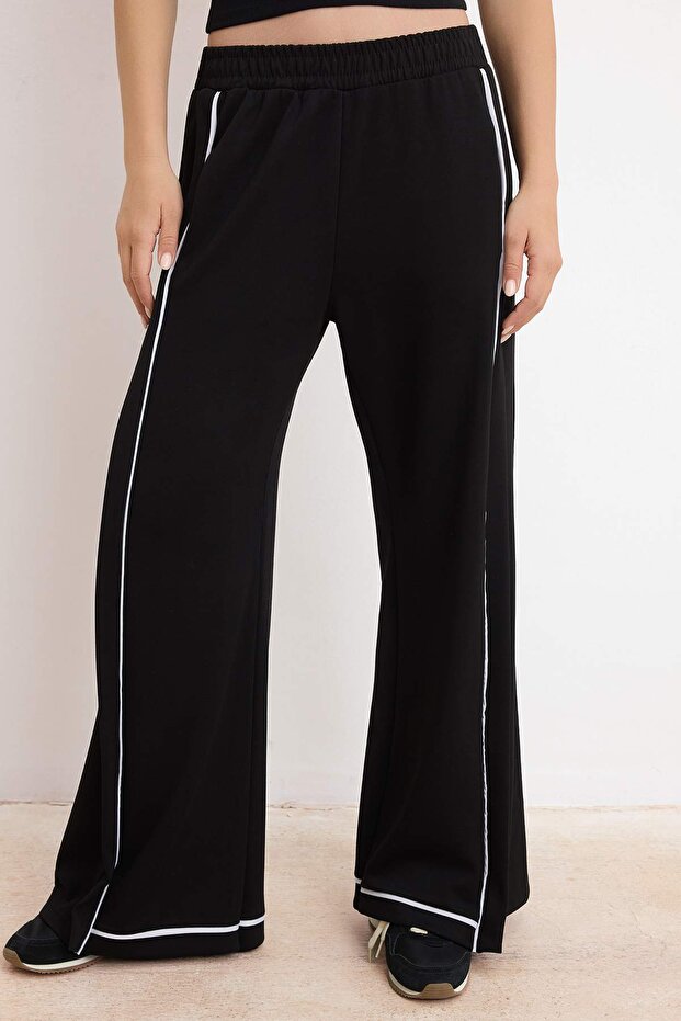 Siyah Wide Leg/Geniş Paça Biyeli Normal Bel Soft Touch Örme Pantolon TWOSS26PL00138 - 3