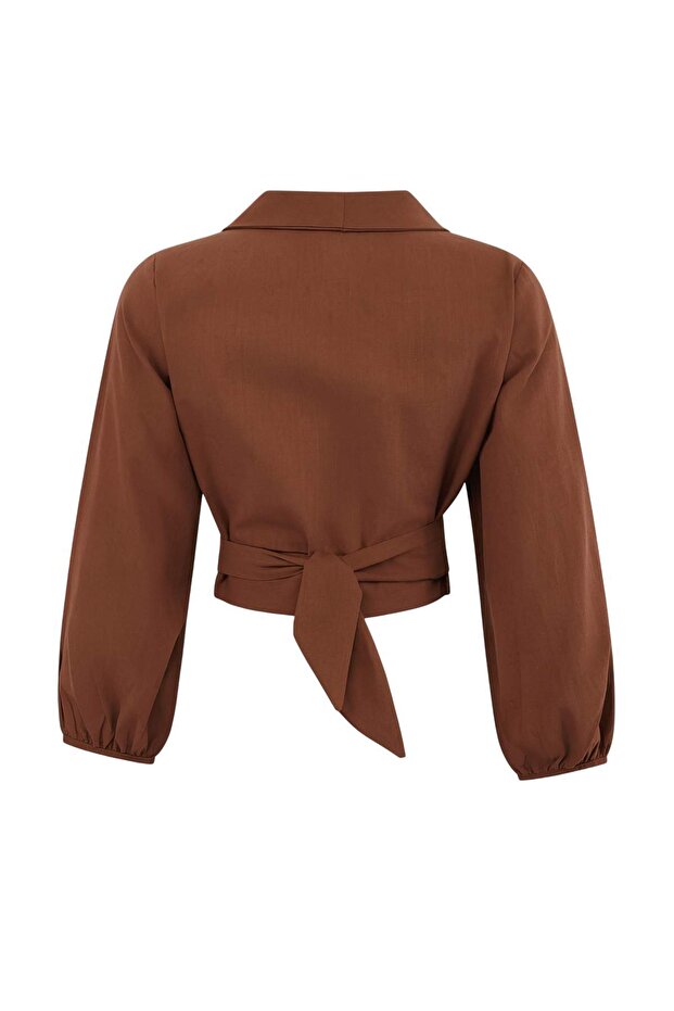 Kahverengi Dokuma Bağlamalı Plaj Crop Bluz TBESS24BZ00006 - 6
