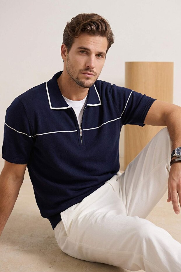 Lacivert Regular/Normal Kesim Biye Detaylı Fermuarlı Triko Polo Yaka T-Shirt TMNSS26TS00020 - 3