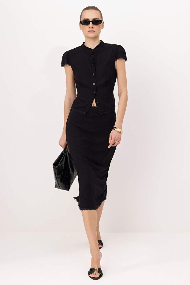 Siyah Slim Fit Gömlek Midi Etek Dokuma Alt - Üst Takım TWOSS26AU00105 - 2