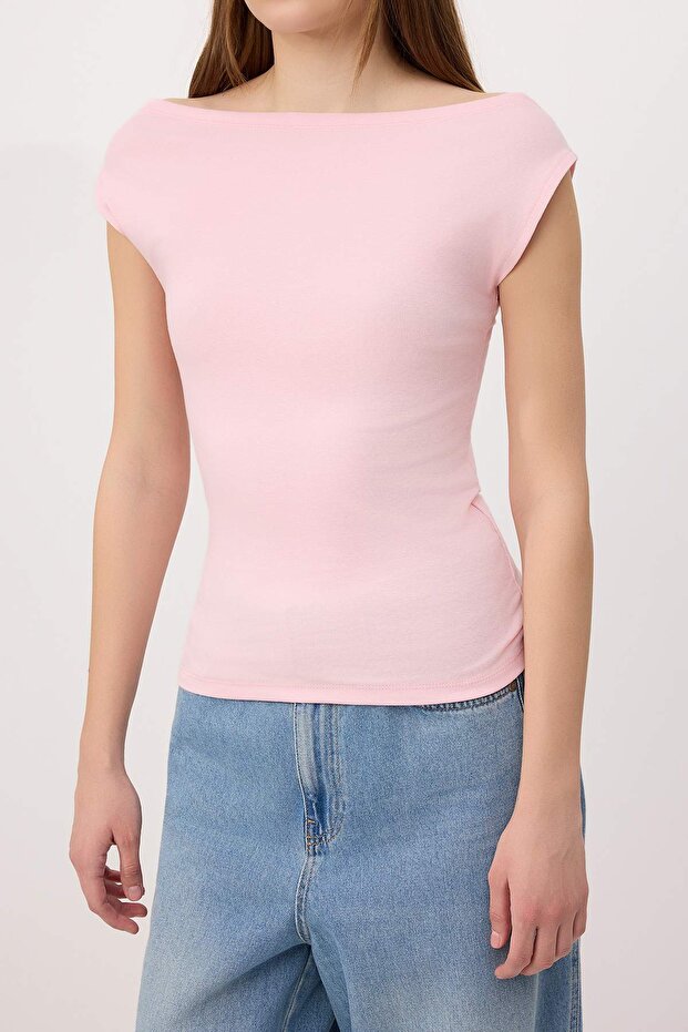 Pembe Düz Fitted Kayık Yaka Kolsuz Premium Yumuşak Örme Bluz TWOSS26BZ00712 - 3