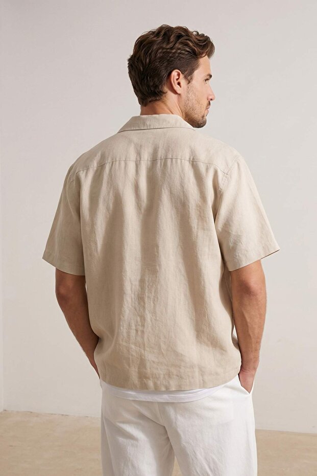 Ekru Geniş Kalıp/Oversize Keten Görünümlü Pamuklu Apaş Yaka Erkek Dokuma Gömlek TMNSS26GO00022 - 3