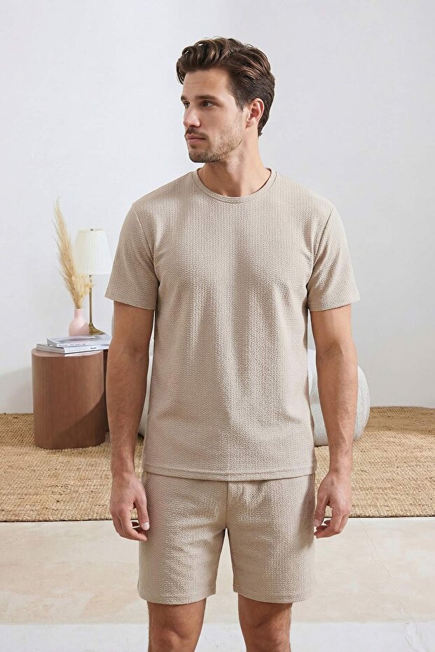 Beige Regular Fit Textured Stretchy Knitted Pajama Set Tmnss26Pt00018