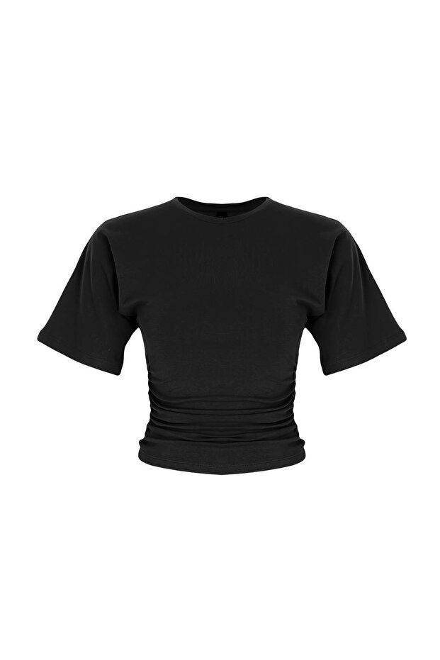Siyah Düz Fitted Bisiklet Yaka Standart Kol Kısa Büzgülü Pamuklu Esnek Örme T-Shirt TWOSS26TS00052 - 5