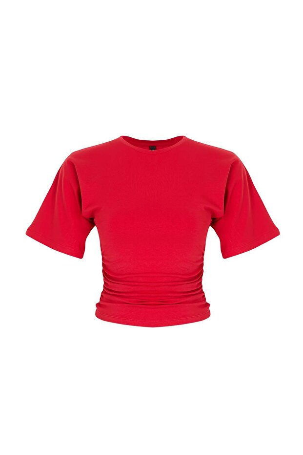 Kırmızı Düz Fitted Bisiklet Yaka Kısa Büzgülü Pamuklu Esnek Örme T-Shirt TWOSS26TS00052 - 5