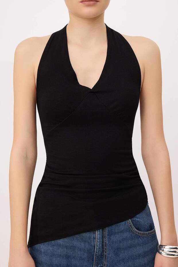 Siyah Fitted/Vücuda Oturan Boyundan Bağlamalı Kolsuz Yumuşak Örme Bluz TWOSS26BZ00361 - 3
