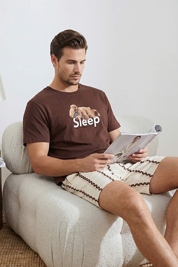 Unisex Kahverengi Regular Fit Ayıcık Baskılı Pamuklu Pijama Takımı TMNSS26PT00017 - 3