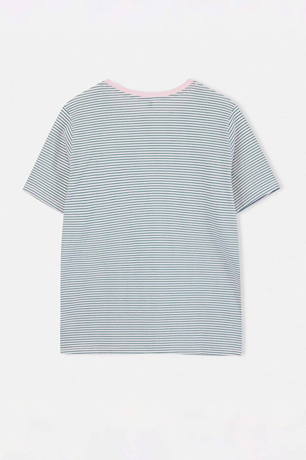 Pembe Çizgili Bisiklet Yaka Çizgili Örme T-Shirt TBBSS23BF00068 - 3