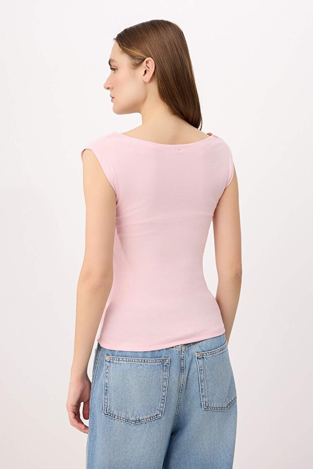 Pembe Düz Fitted Kayık Yaka Kolsuz Premium Yumuşak Örme Bluz TWOSS26BZ00712 - 4