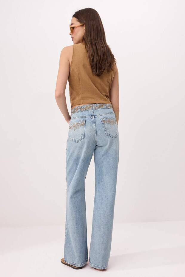 Mavi Kemeri Nakış Detaylı Yüksek Bel Wide Leg %100 Pamuk Jeans TWOSS26JE00210 - 5