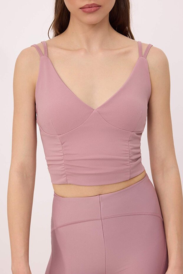 Gül Kurusu Destekli/Şekillendirici Çift İp Askılı V Yaka Örme Spor Sütyeni TWOAW23SS00041 - 3