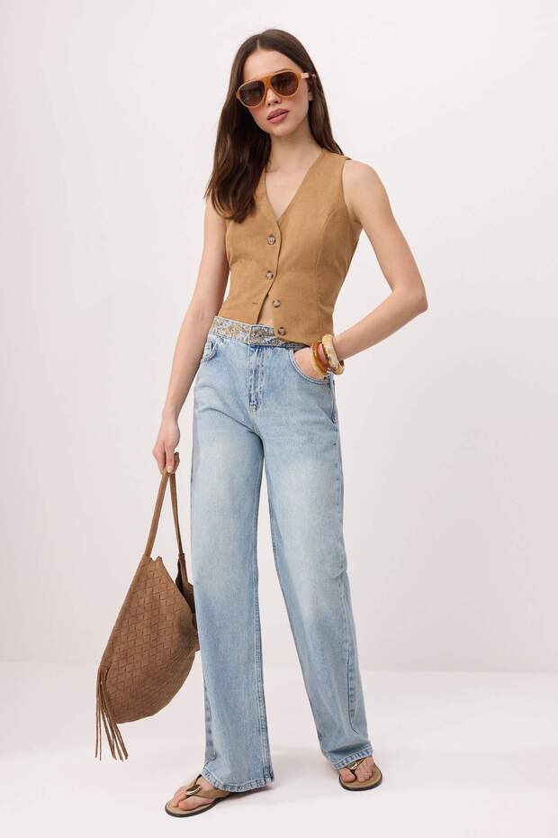 Mavi Kemeri Nakış Detaylı Yüksek Bel Wide Leg %100 Pamuk Jeans TWOSS26JE00210 - 2