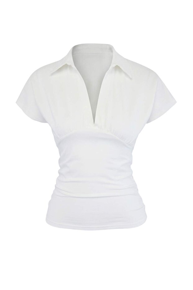 Ekru Fitted/Vücuda Oturan Polo Yaka Kısa Kollu Büzgülü %100 Pamuk Örme Bluz TWOSS26BZ00336 - 4