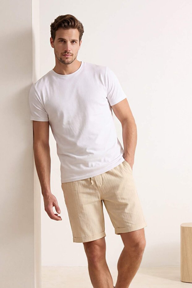 Bej Normal Kalıp/Regular Fit %100 Pamuklu Dokulu Boru Paça Erkek Dokuma Şort&Bermuda TMNSS26SR00010 - 4