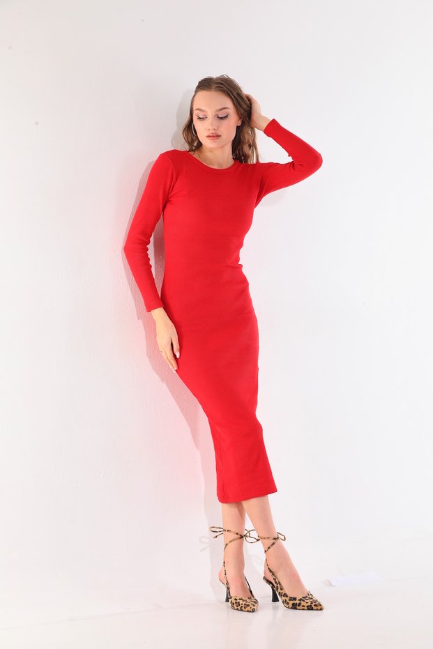 Women's Red Crew Neck Camisole Fabric Long Sleeve Pencil Dress Suitable for Hijab Height cm135 cm