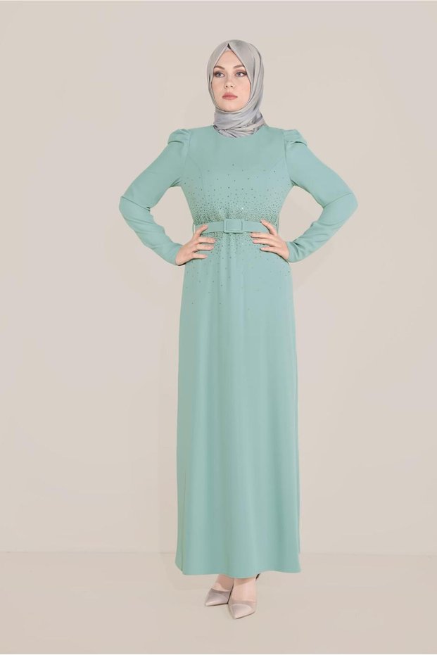 Embroidered Belted Watermelon Sleeve Dress 40586