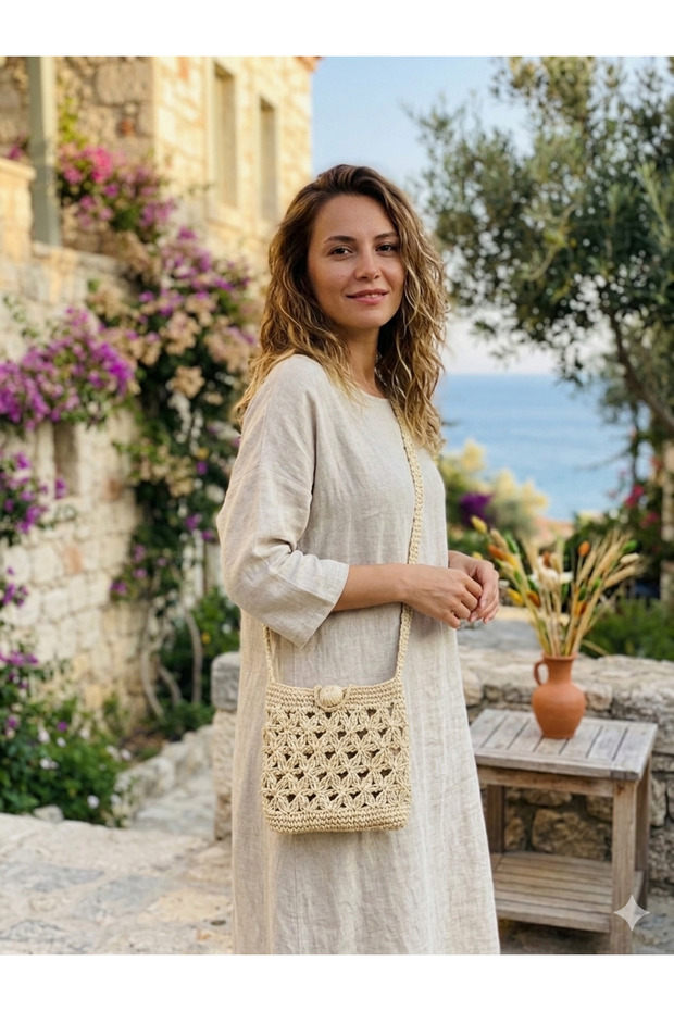 Knitted Shoulder Bag with Paper Rope Straw Strap - Phone Bag Width 18cm Length 19 cm Strap 135 cm