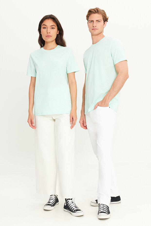 Erkek Mint %100 Pamuk Slim Fit Dar Kesim Bisiklet Yaka Basic Tişört - 8