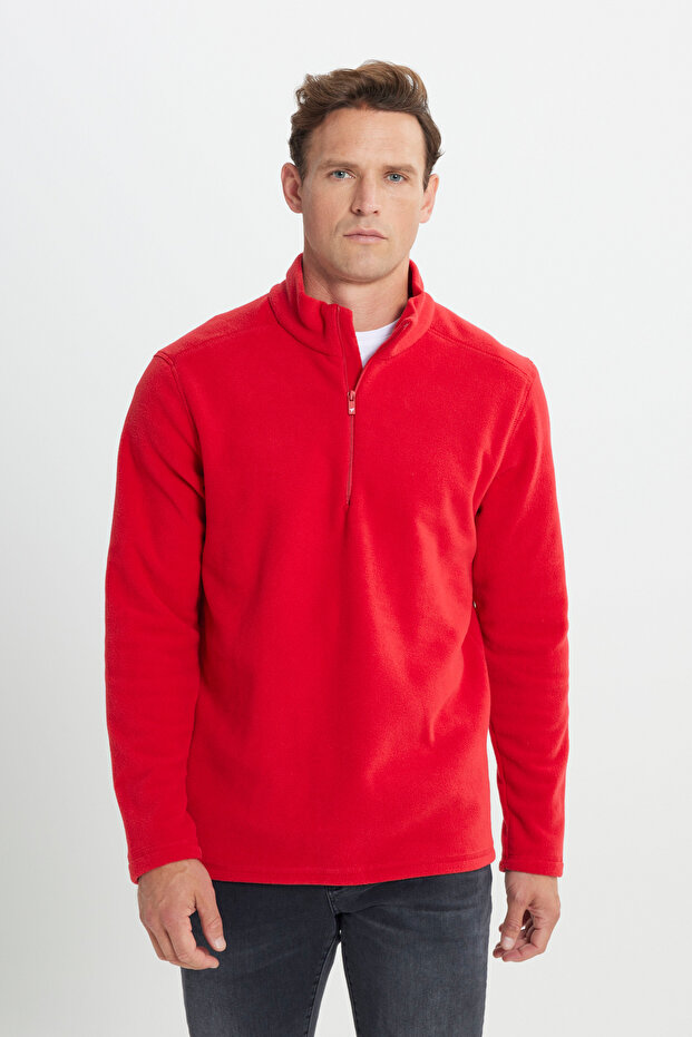 Men's Red Anti-pilling Non-Pilling Standard Fit Stand-Up Collar Cold-Proof Fleece Sweatshirt