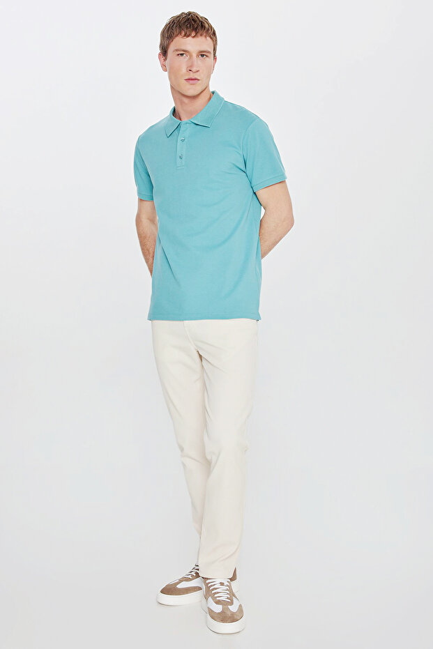 Erkek Petrol %100 Pamuk Kıvrılmaz Pike Polo Yaka Slim Fit Dar Kesim Tişört - 6