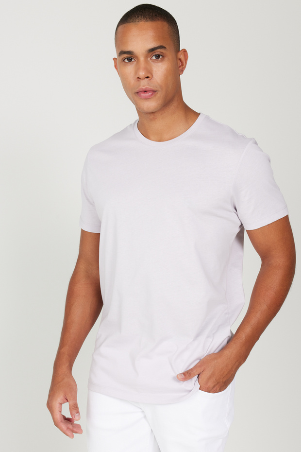 Men's Lilac Slim Fit Slim Fit 100% Cotton Crew Neck Basic T-Shirt