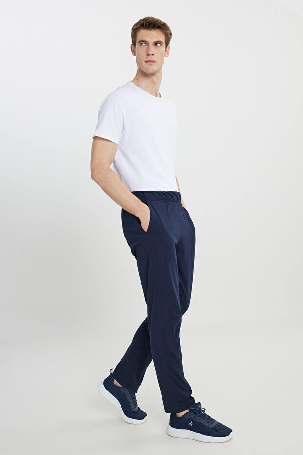 Erkek Lacivert Pamuklu Standart Fit Pijama Altı Normal Kesim Beli Lastikli Cepli - 4