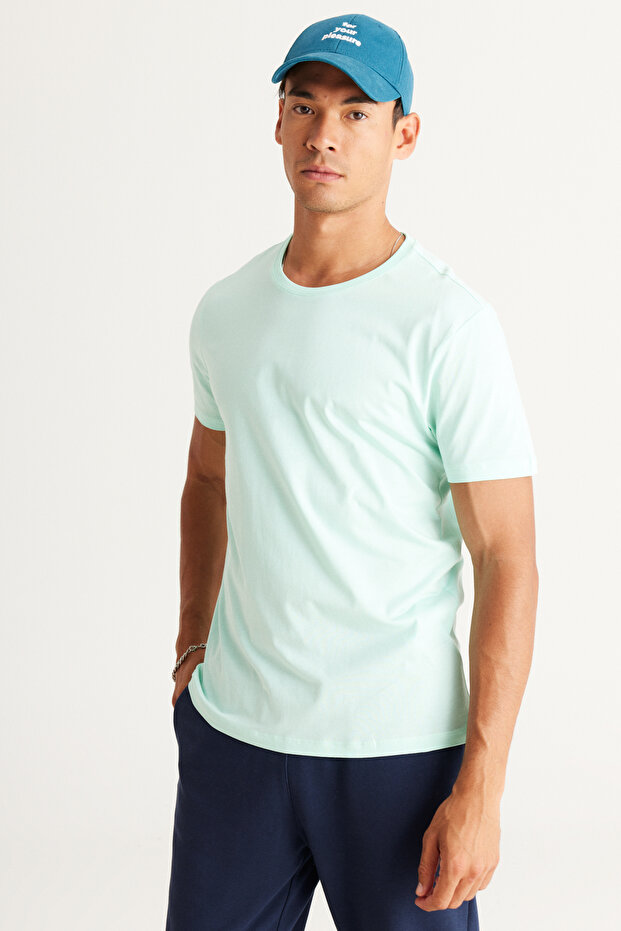 Erkek Mint %100 Pamuk Slim Fit Dar Kesim Bisiklet Yaka Basic Tişört - 5