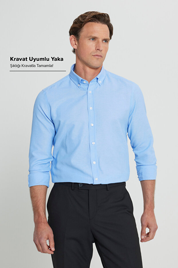 Men's Oxford Easy-Iron Cotton Anti-Sweat Shirt Blue Button down Collar Slim Fit Slim Fit