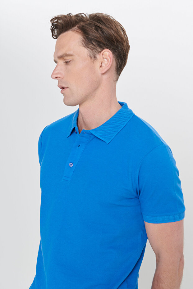 Erkek Royal Mavi %100 Pamuk Kıvrılmaz Pike Polo Yaka Slim Fit Dar Kesim Tişört - 8