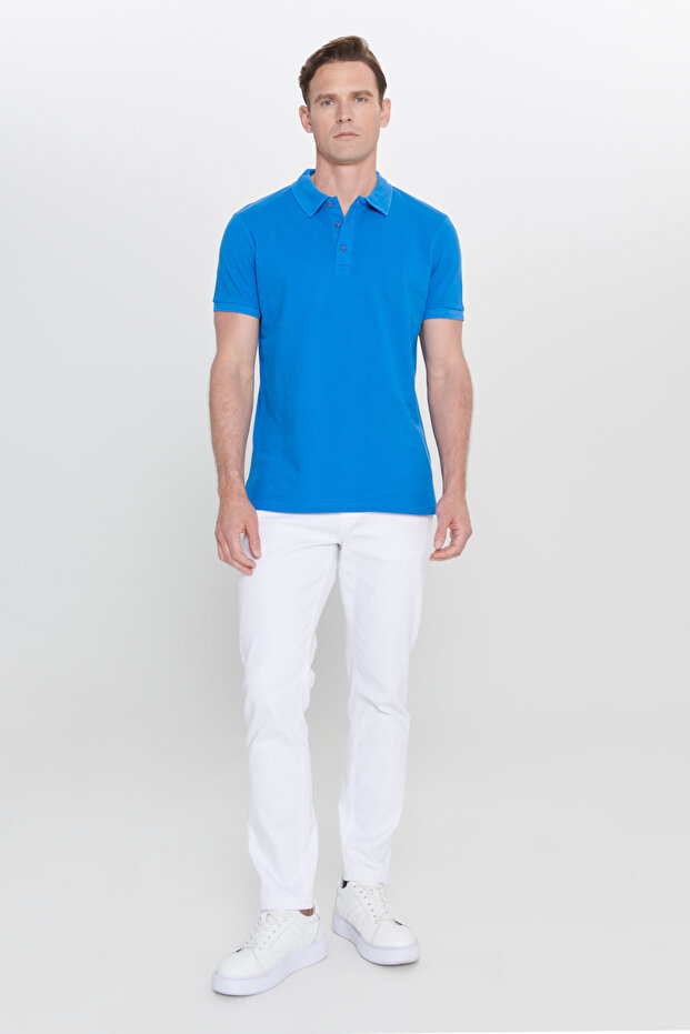 Erkek Royal Mavi %100 Pamuk Kıvrılmaz Pike Polo Yaka Slim Fit Dar Kesim Tişört - 6