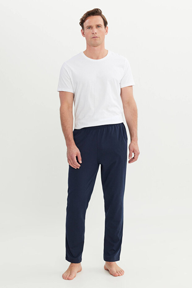 Erkek Lacivert Pamuklu Standart Fit Pijama Altı Normal Kesim Beli Lastikli Cepli - 3