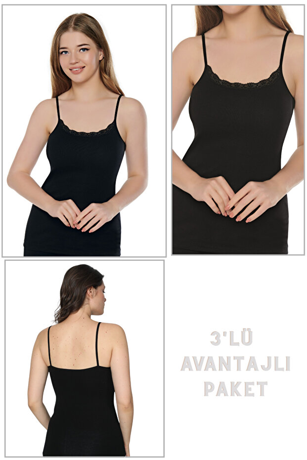 Women's 3-Piece Economic Pack - Basic 100% Cotton Ribbed Undershirt with Straps 3027 - Black